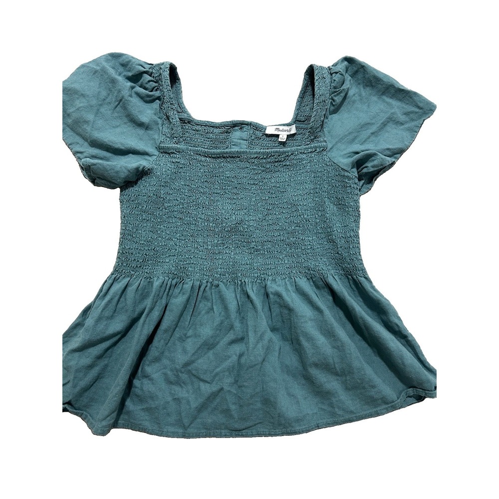 Madewell Women's S Linen-Blend Lucie‎ Smocked Peplum Top in Faded Shale Green